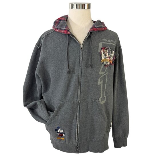 Disney World Size L Hoodie Full Zip Mickey Mouse Gray Red Plaid Preppy Fleece - Picture 5 of 10